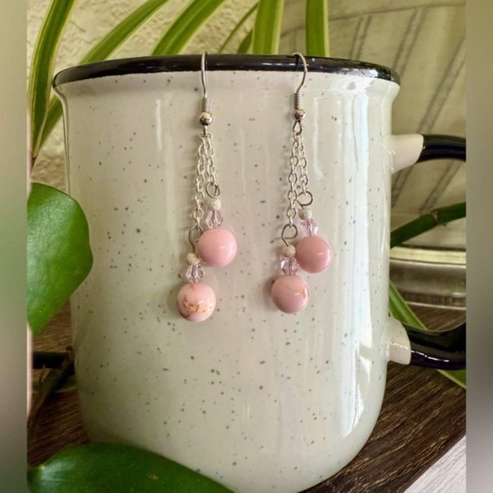 Faux Pink Turquoise & Crystal Beaded Dangle Earrings, Silver‎ Tone  NEW